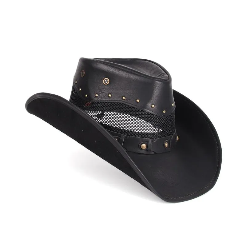 Berets 100% Leather Women Men Western Cowboy Hat Summer Mesh Breathable Sombrero Hombre Caps Dad Godfather Hats 2 Szie Plus SizeBe297D