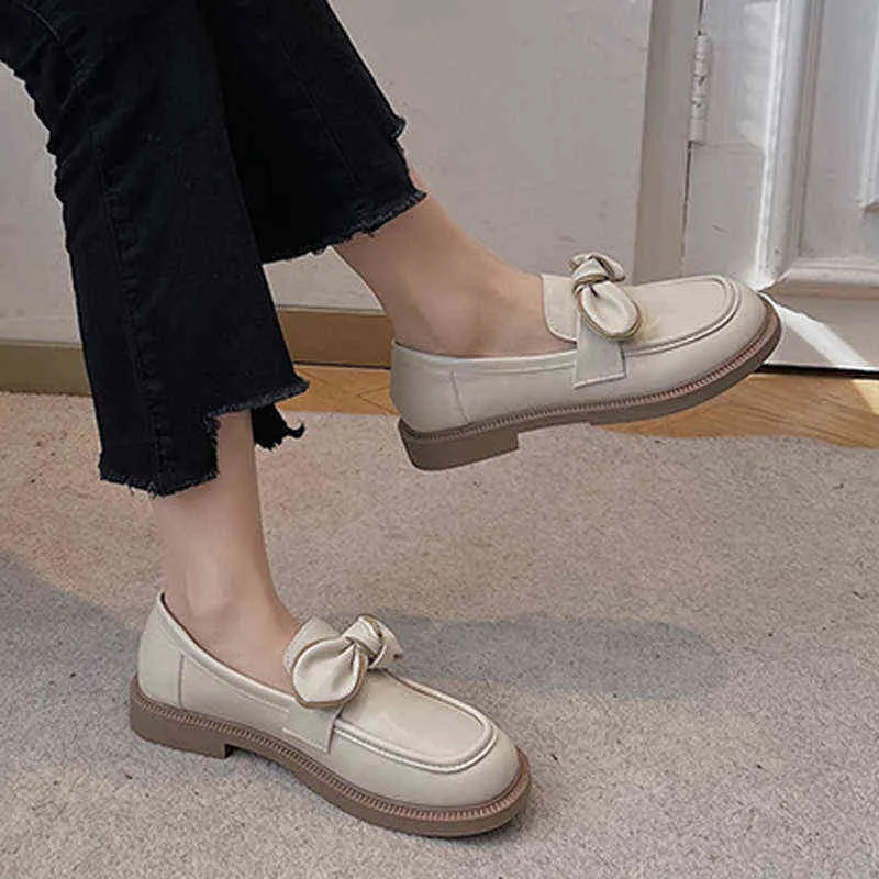 Jurk schoenen boog knoop lage platform loafers vrouwen pu lederen dikke lolita plat meisje schattig Mary Jane Spring Summer Flats 2022 220512