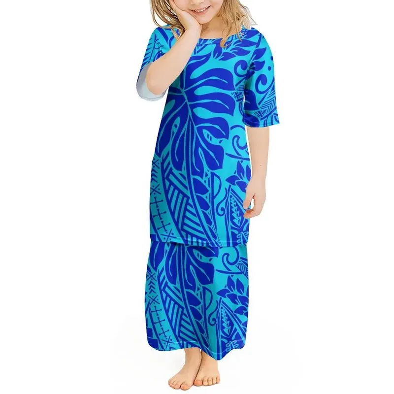 Personnalisé Polynésien Tribal Floral Tatouage Imprimer Enfants Robe Tonga Filles Puletasi Ensemble Ptaha Enfants Long Haut et Jupes Ensembles 220706