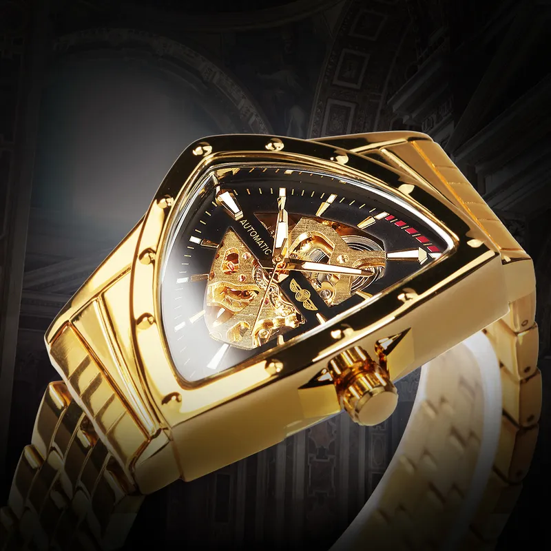 Zwycięzca Trójkąt szkielet złoty czarny zegarek dla mężczyzn Automatyczne mechaniczne zegarek nieregularny luksusowy pasek ze stali nierdzewnej Relogio 220517