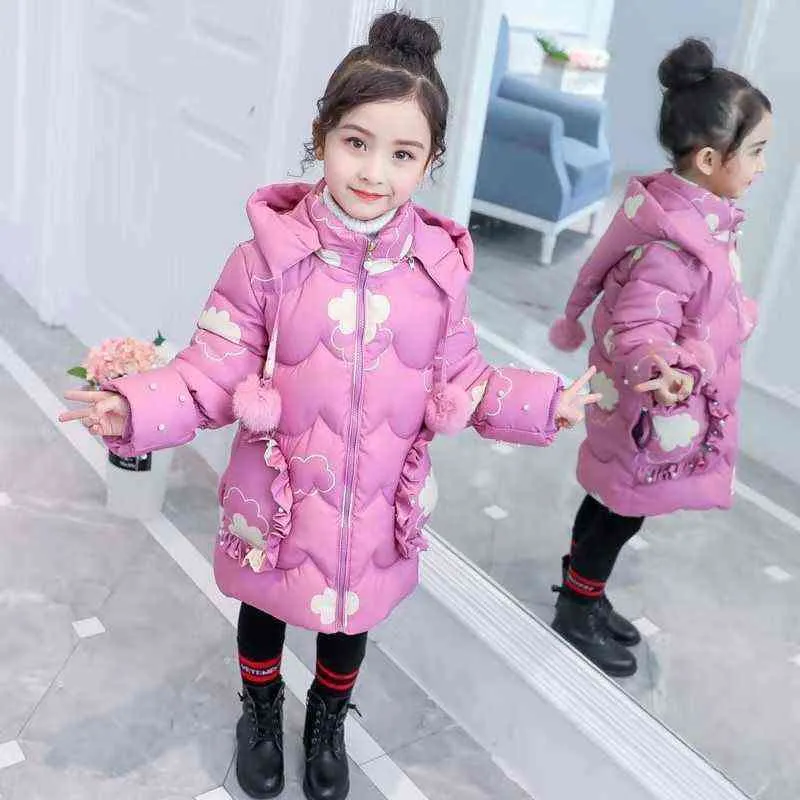 2022 Winter Thick Keep Warm Girls Jacket Cartoon Clouds Plush Collar Hooded Outerwear For Girl Children Birthday Gift J220718