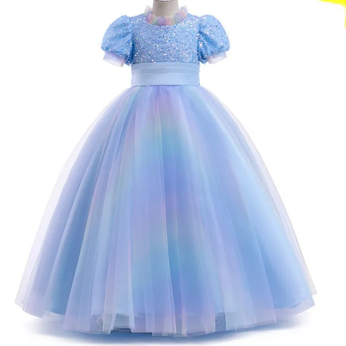 Stock 2-14 Years Lace Tulle Flower Girl Dresses Bows Children's First Holy Communion Dress Rainbow Princess Ball Gown Wedding Party Dress