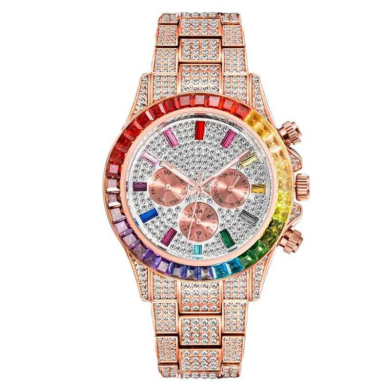 Wristwatches Rose Gold Iced Out Men Watches Three Eye Rainbow Diamond Watch Man Luminous Round Stainless Steel Hiphop Wristwatch M1891