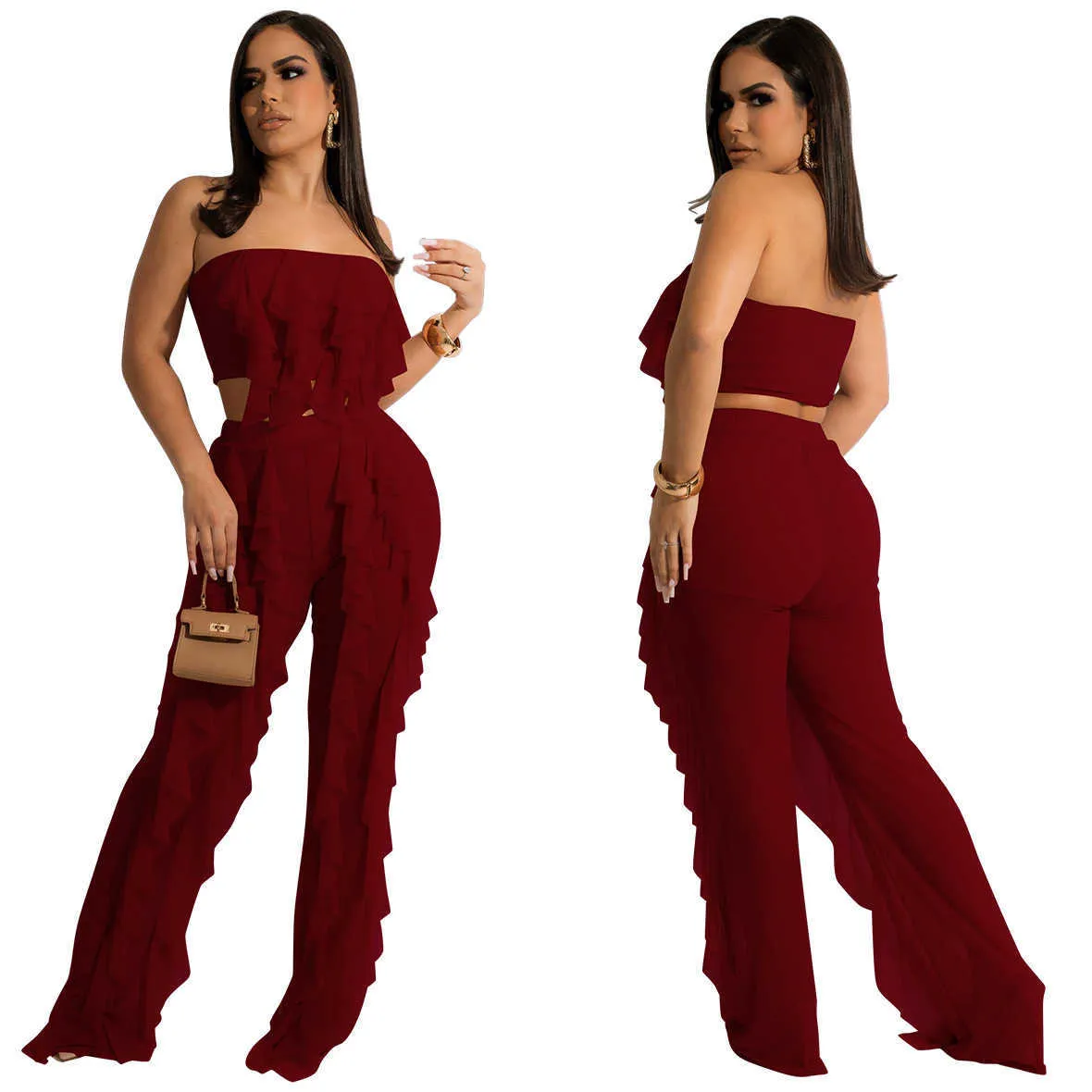 Sexig Strapless Splicing Byxor Set Ny sommar fritid Kvinnor Solid Color Ruffle Wrapped Bra Fashion Tassel Beach Suit