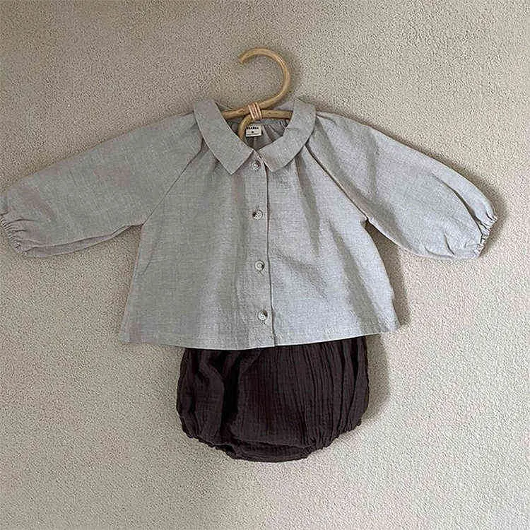 Nuevo verano coreano lindo bebé niños niña conjuntos de ropa muñeca camisa de solapa manga larga linterna pantalones cortos traje ropa para niños traje AA220316