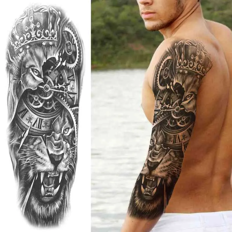 NXY Tymczasowy Tatuaż Czarny Lew Sleeve King S dla Mężczyzn Kobiety Fałszywe Gear Tiger Pełna Naklejka Arm Realistyczna Zwierząt Tatoo Wodoodporna 0330