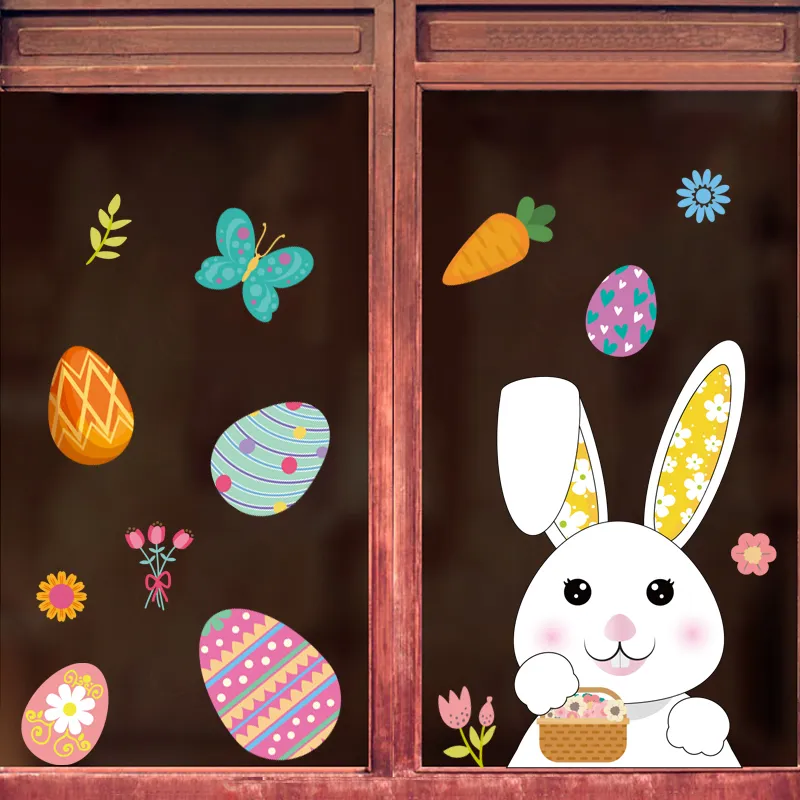 Adesivos felizes da janela de páscoa ovos de coelho Decorações de parede para festas em casa Decalques de coelho 220716