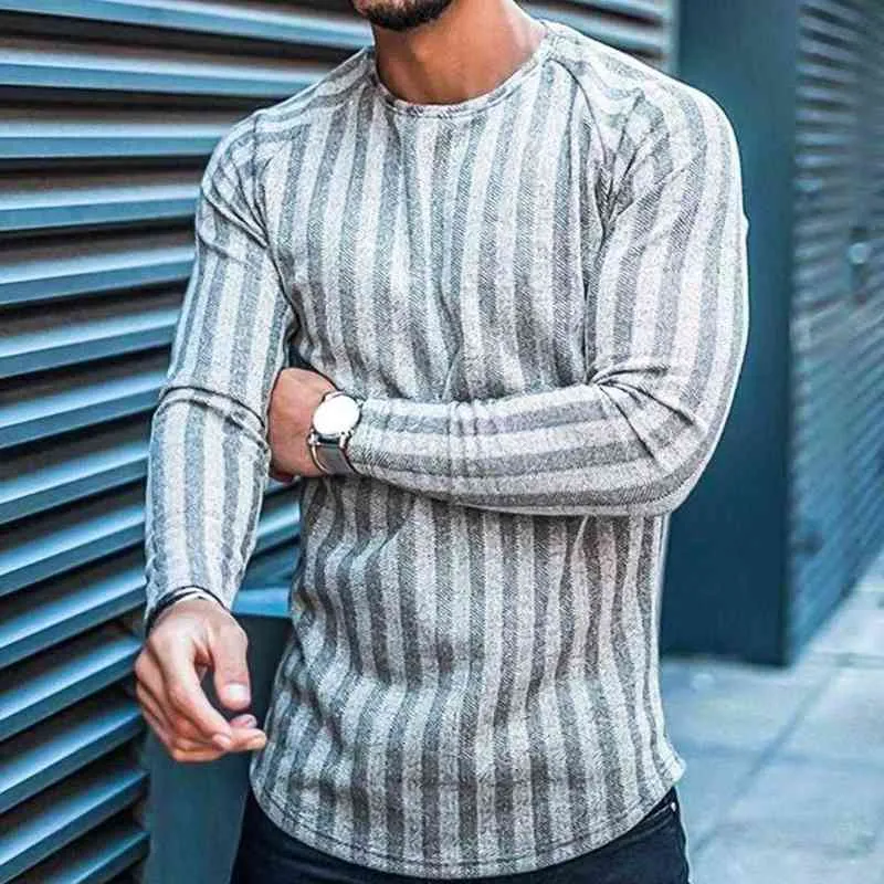 T-shirt långa ärmar smal topp bomullsblandning män rand pläd tryck man tröja för höst män kläder casual streetwear l220730