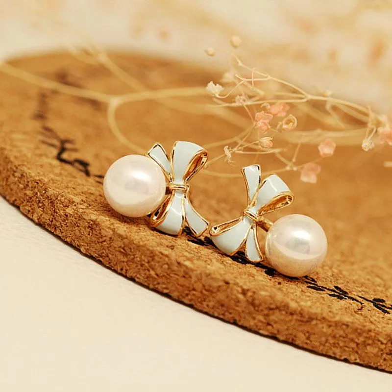 Clip-on & Screw Back Korea Style Clip On Earring No Pierced For Women Simulated Pearl Charm Pink White Bowknot EarringsClip-on248H