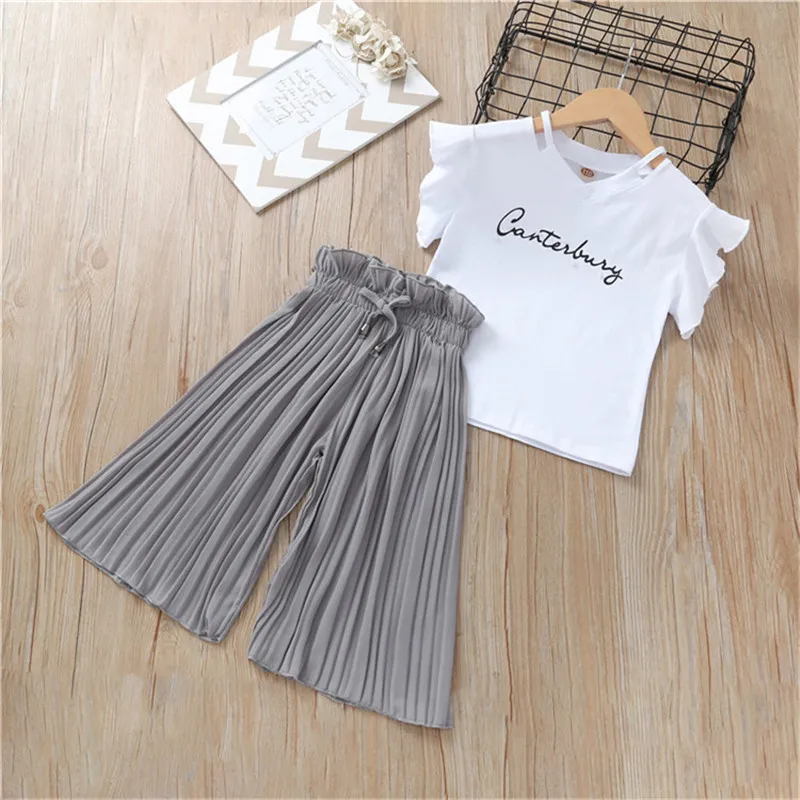 Summer Girls Clothing Set Kids T Shirt Wide Leg Pants Luits Barn Kort ärm Baby Girl kläder 5 6 7 8 9 10 12 år 220620