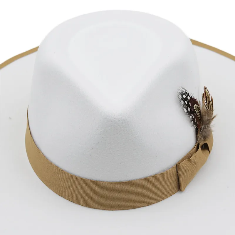 Chapeau fascinateur d'automne blanc Fedoras en plumes pour femmes, chapeaux d'église à bord plat à la mode, casquette de Jazz feutrée de fête, Chapeu Feminino266G