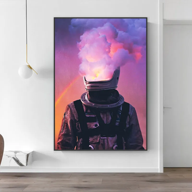 Peinture sur toile créative Unique, plante violette, nuages arc-en-ciel, affiches imprimées d'astronaute, images d'art murales modernes pour la décoration de la maison