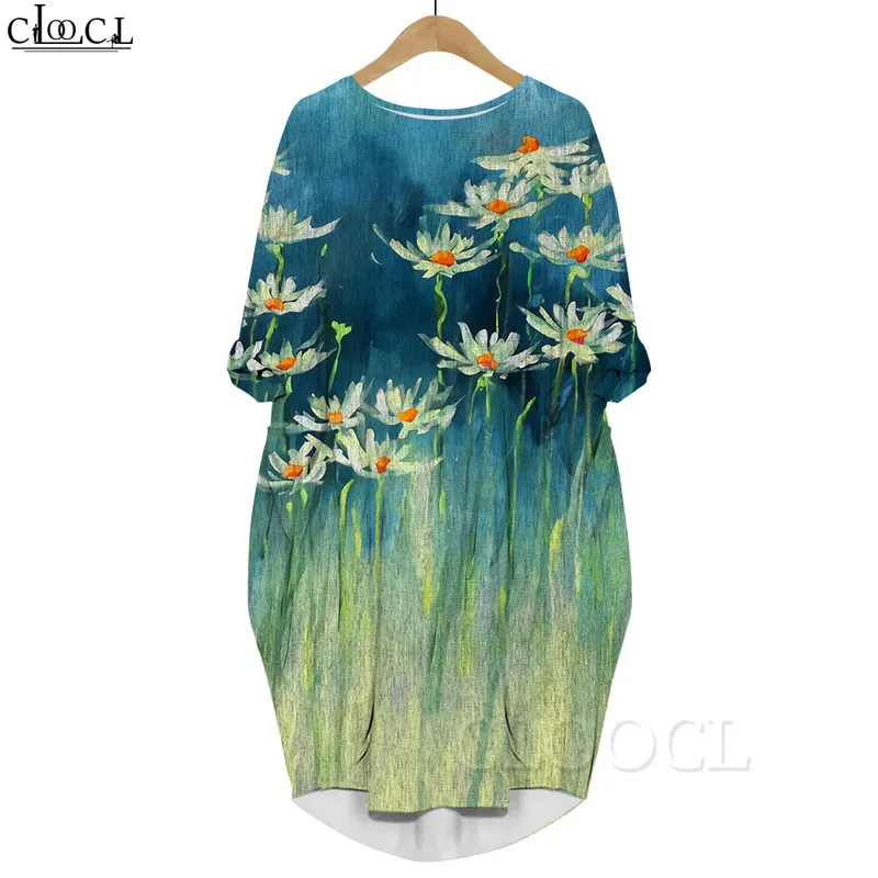 女性のドレスカラフルな花3Dグラフィックプリント娘ドレス長袖のひざまずきポケットドレス夏のドレス220616