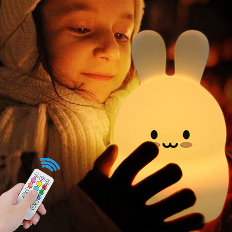 Tavşan LED Gece Işık Dokunmatik Sensör Uzaktan Kontrol 9 Renk Döner Olabilir Zamanlayıcı Şarj Edilebilir Silikon Tavşan Lambası Çocuklar İçin Bebek Hediyesi 220727