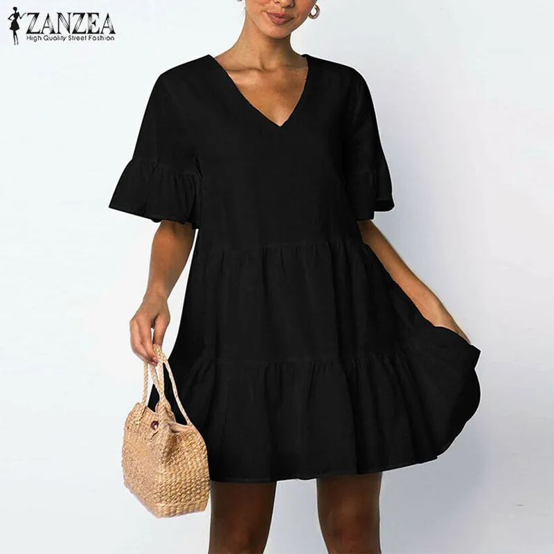 Moda flounce sukienka damska letnia sundress Zanzea Casual Ruffle mini vestidos żeńskie v szlafrok femme