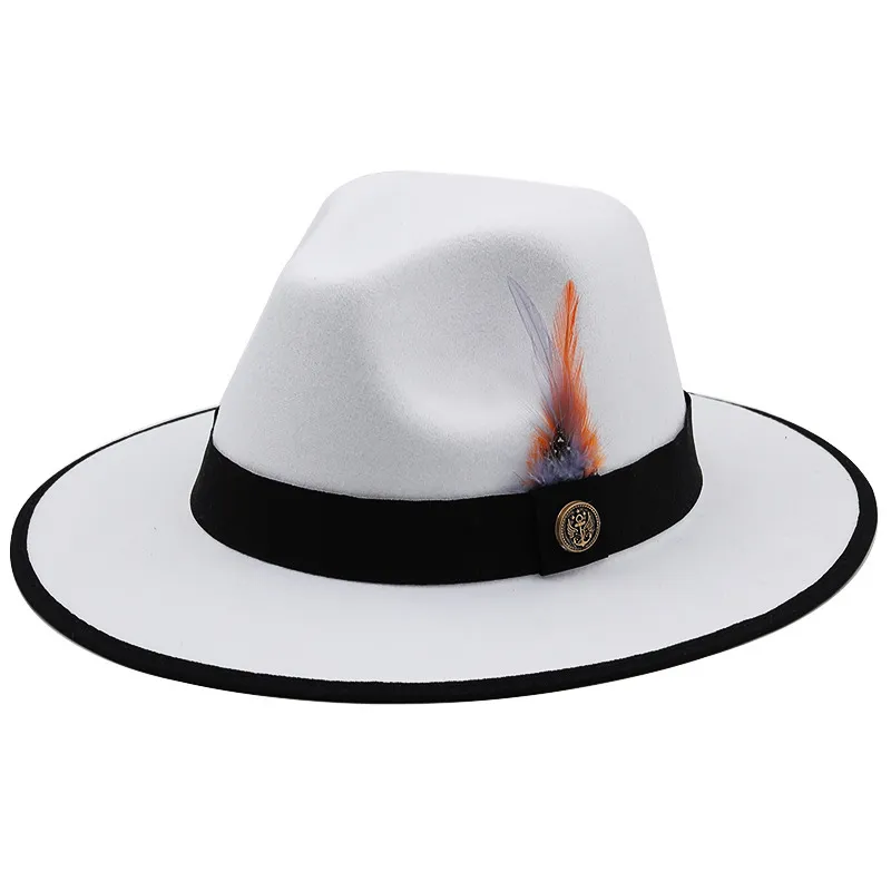Casal Jazz Hats Chapéu Fedora de Lã de Aba Larga Fedora Preto Branco Fascinator Casamento Igreja com Cintos Fuxury de Penas para Chapéus Masculinos 220812