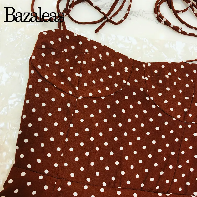 Bazaleas Retro Dresses Slim Chic Brown Dress Sexy Dot Print Split Vestidos Vintage Tube Top Women Dress 220601