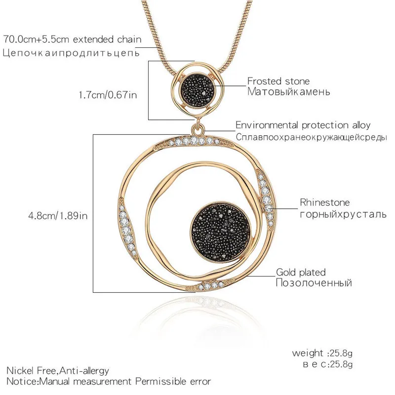 Collier de luxe en cristal noir pour femme, chaîne de pull, couleur or argent, grand pendentif rond, Long collier, bijoux pour femmes