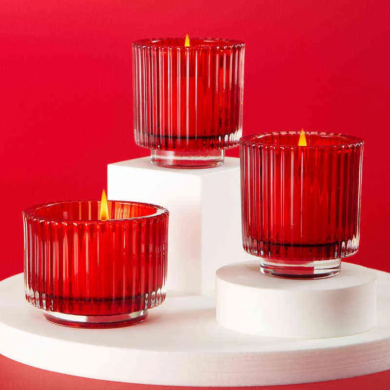 Modern Cylindrical Shape Glass Candle Holder With Vertical Lines Texture On In Blue Brown Orange Purple Red Color Tabletop Piece YQ231017