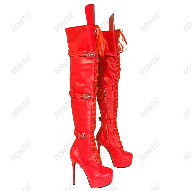 Rontic personnalisé femmes hiver longues bottes plate-forme talons aiguilles bout rond belle Fuchsia Cosplay chaussures taille 5-20