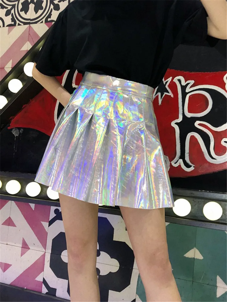 Jo's Magia Box Y2K Holografic Plised Sexy Kobiety Mini Spódnice PU Rainbow Laser Harajuku Party Club High-Paisted Damskie 220322