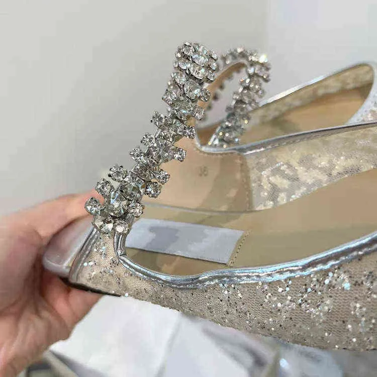 2022 j new pointed thin heel high-heeled shoes Sequin mesh Rhinestone flat slippers with wrapped head