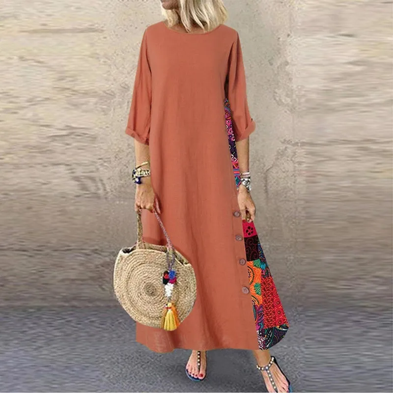 Women Vintage Maxi Dress Summer Solid O Neck Stitching Printed 3 4 Sleeve Side Buttons es Loose Casual Long Plus Size 220611