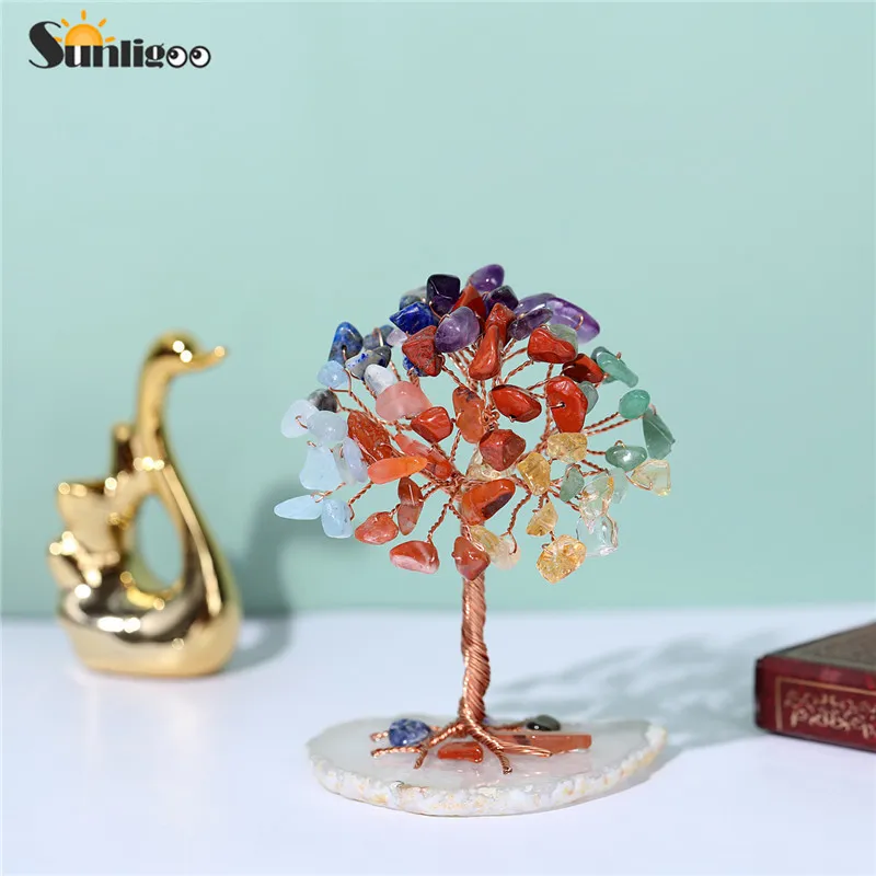 Sunligoo Super Mini Crystal Money Tree Copper Wire LappedW Agate Slice Base Gemstone Reiki Chakra Feng Shui Trees Home Decor 220609