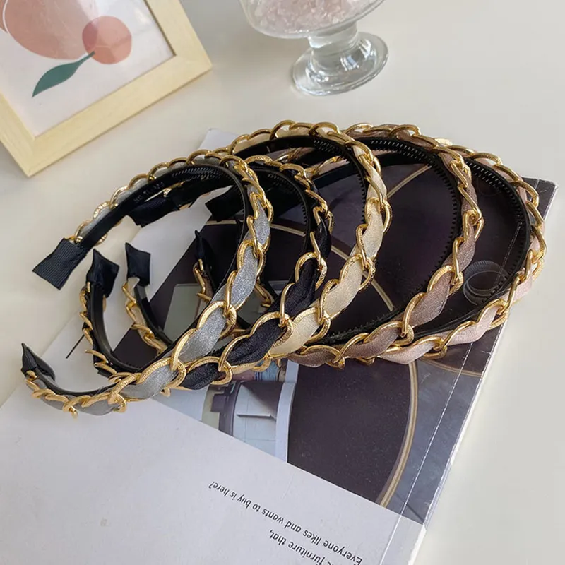 Alloy Chain Woven Headband Fashion Hair Accessories Women Hollow Fabric Washing Hairbands Boutique Cute Hair Hoop Headwear New