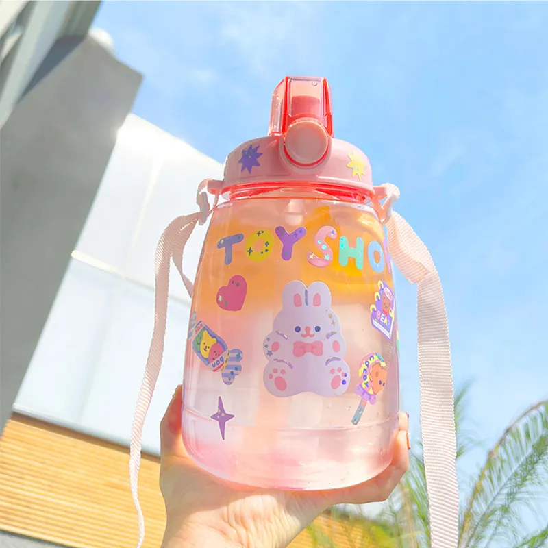 1300ml Cute Bear Big Capacity Water Bottle With Straw Strap Plastic Portable Sport Transparent Drink Bottles For Children Girl 220329