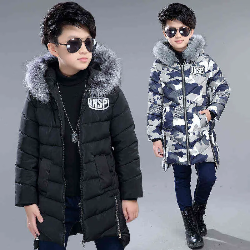 Boys Winter Mid-Length Camouflage Cotton Jacket Boys Letter Print Embroidery Large Fur Collar Hoodie Warm Cotton Jacket J220718