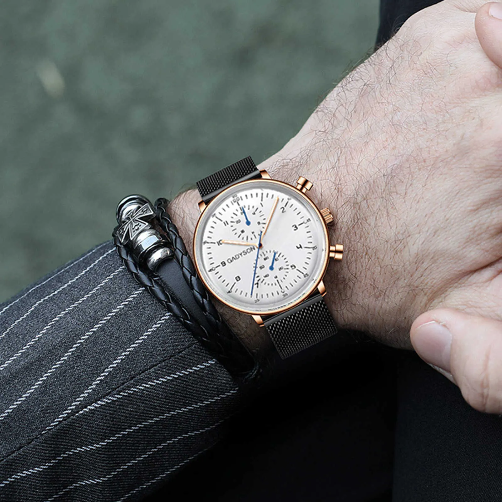 Quartz Watch Alloy Geometric Round Dial Stainless Steel Strap Mesh for Men 2022 Fashion Wristwatch Drop Ship