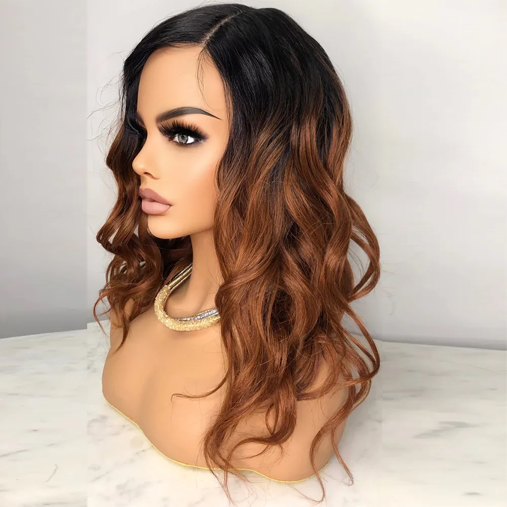 Body Golvend Synthetische Lace Front Pruiken Middelste deel Pruik Ombre Bruin Hittebestendige Lace Haarlijn Voor Zwarte Vrouwen Dagelijks Usefactory direct