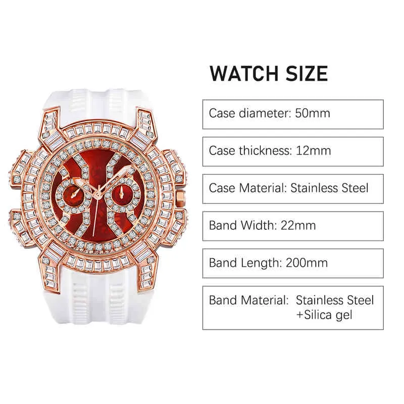 Neue Hip Hop Uhren Herren Luxusmarke Epic x Series Rose Gold Baguette Diamond Aaa White Rubber Chrono Red Male Watch