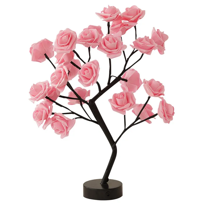 USB batería operada LED lámpara de mesa Rosa flor bonsái árbol noche guirnalda dormitorio decoración luces de Navidad decoración del hogar 220727