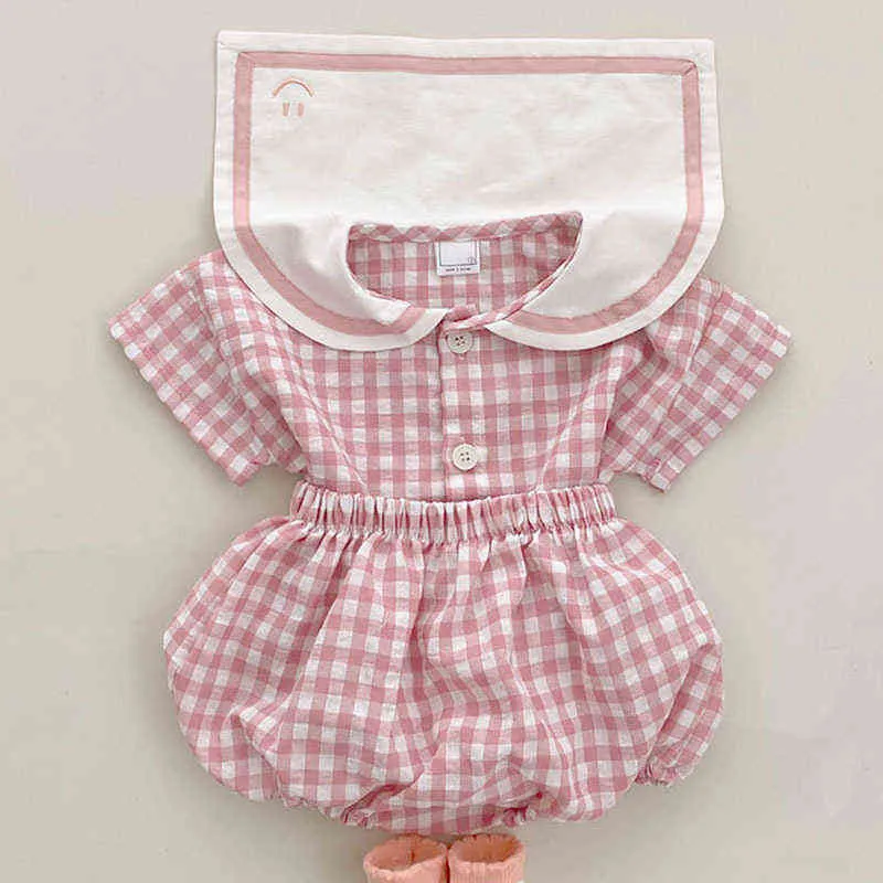 2022夏の赤ちゃん半袖服セット幼児少年女の子かわいい格子縞のプリントネイビーカラーTシャツ  ショーツスーツキッズ衣装G220509