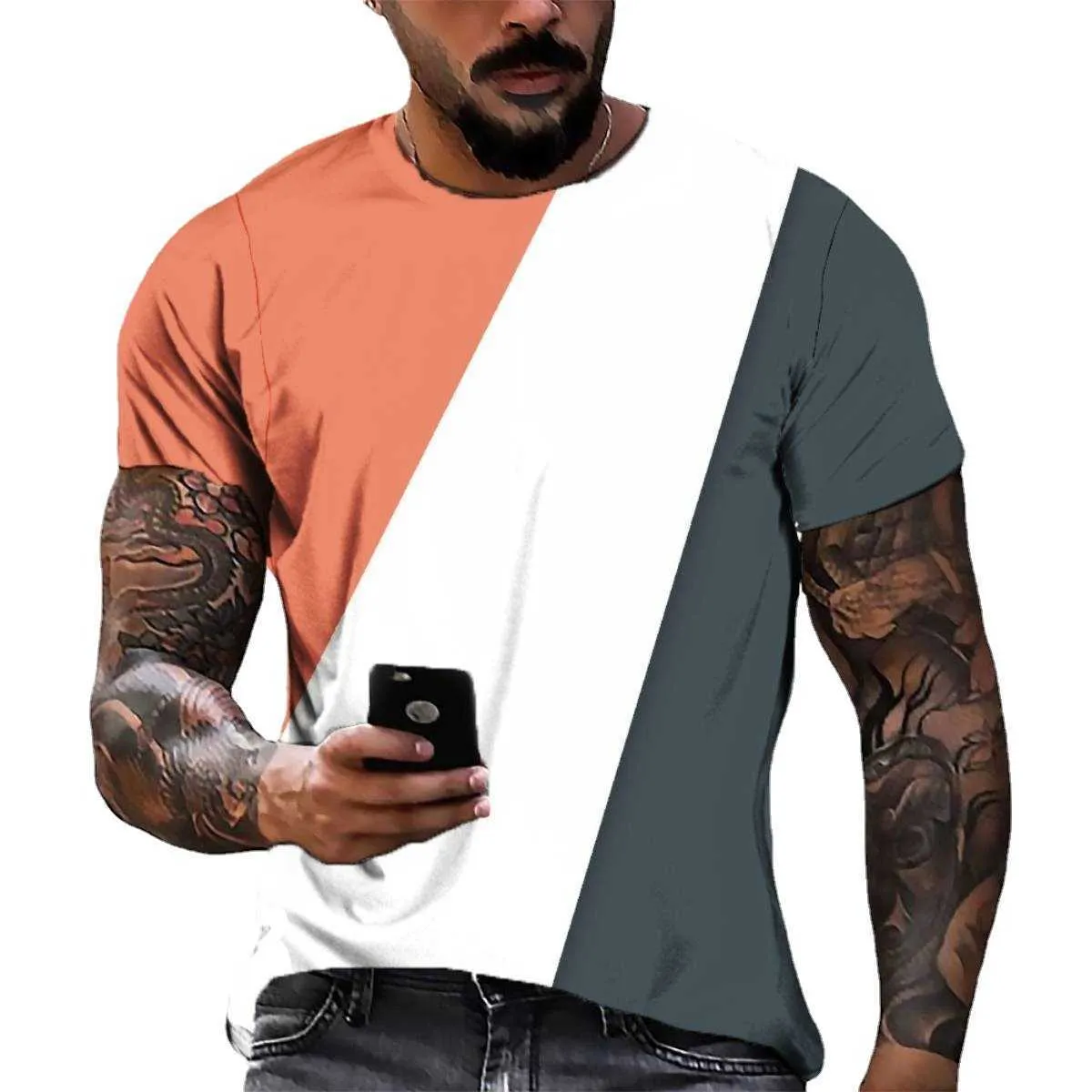 Fashion Mens T-shirts 3D Digital Utskrift Tre färgblock Enkel stil Casual Short Sleeve Men Tees Olika Färgstilar