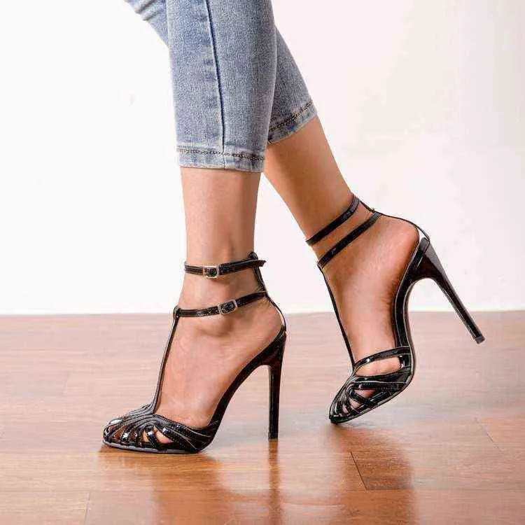 Black Patent Stilettos High Heels Women Sandals Round Toe Ankle Strap Large Size Ladies Summer Fashion Mature Shoes G220425
