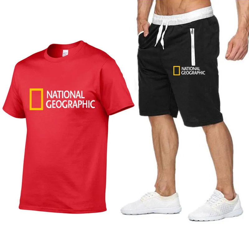 National Geographic Tracksuit Sets Men's Casual Brand Fitness Sweatshirt Two-piece T-shirt Shorts Men's Hip Hop Fashion Clothing 220610