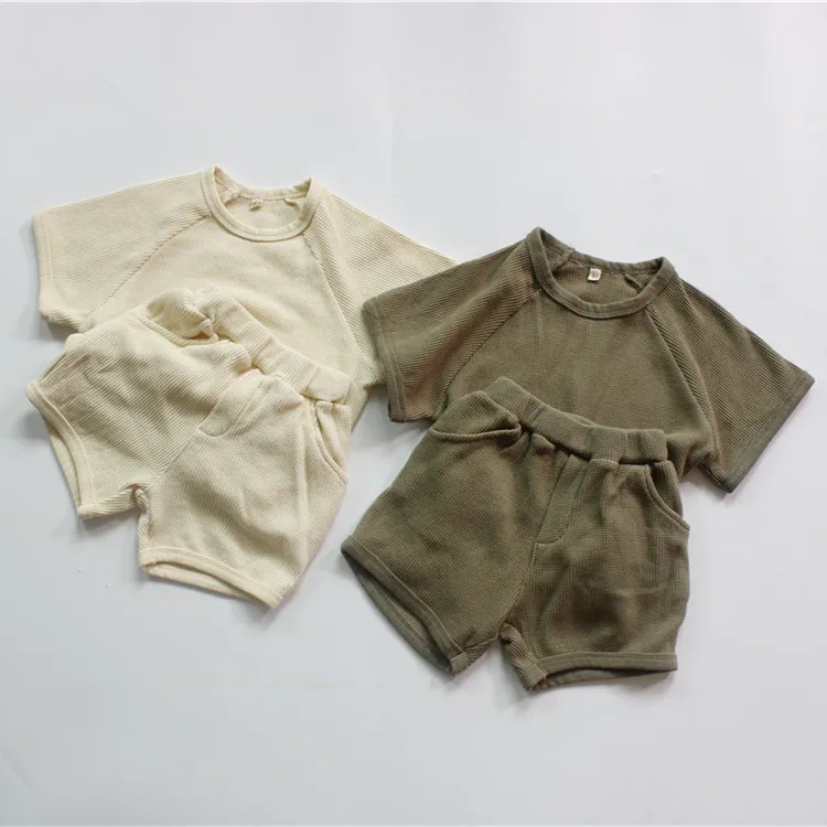 deer jonmi Korean Style Summer Unisex Children Casual Outfits Solid Color Tops Shorts Toddlers Kids Chic Sets 220714