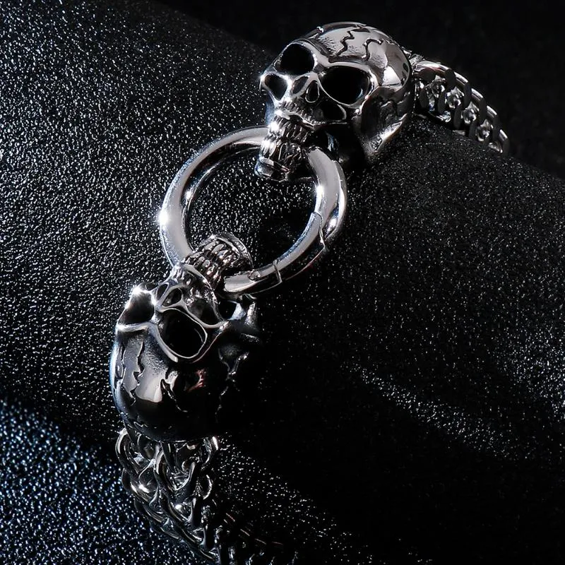 Gliederkette Gothic Double Skull Man Armband aus Edelstahl Herren Charm Armbänder Steampunk Skelett Schmuck GästegeschenkeLink259Y