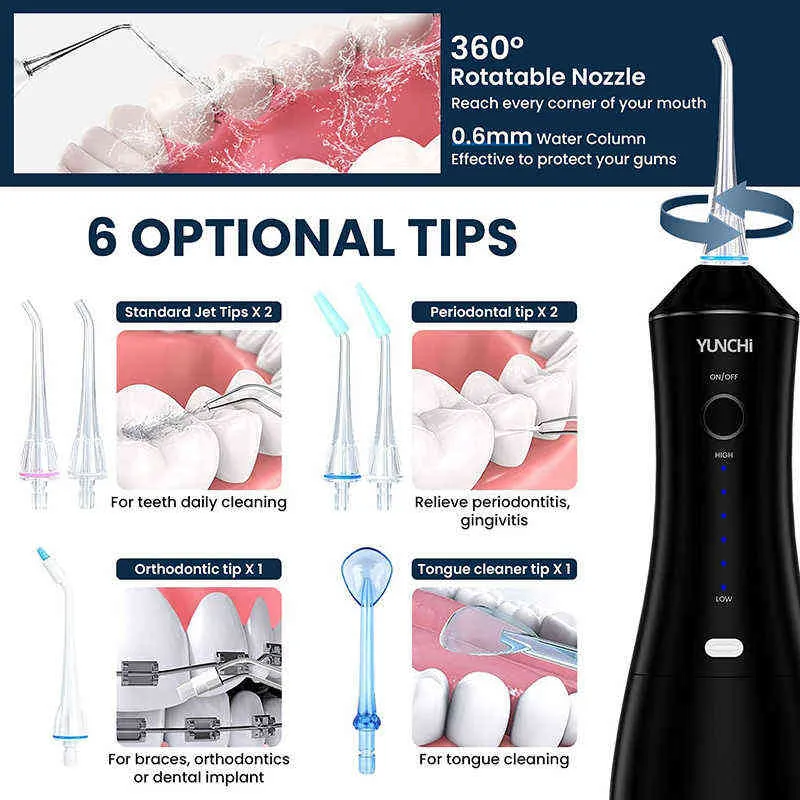 FLOSSOR DE ÁGUA PROFISSIONAL 320ML TANK 6 MODOS 8 Dicas de jato Irrigador portátil à prova de fio dental 220510