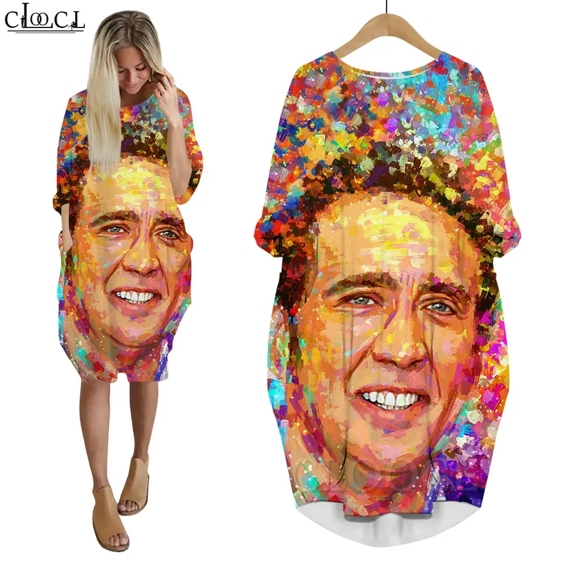 Women Dress Funny Actor Nicolas Cage Stare At You 3D Loose Daughter Dresses Long Sleeve Casual Streetwear Pocket Dress W220616