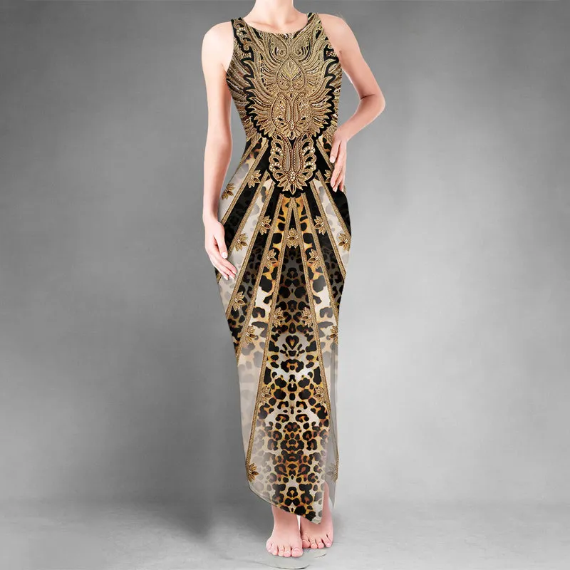 NoisyDesigns Luxury Floral Golden Women Bodycon Sexig Maxi Dress Double Slit Vest Prom O-hals ärmlös svart Vestido Feminino 220627