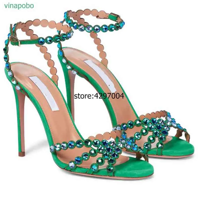 Vinapobo Bling Crystal Wedding Shoes Purple Green Glitter Rhinestone Strappy High Heel Sandals Elegant Vogue Dress Pumps220513