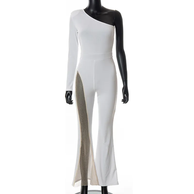 Элегантный облегающий комбинезон на одно плечо для женщин, однотонный ажурный комбинезон в стиле пэчворк с длинными рукавами и широкими штанинами, сексуальные наряды 220322272R