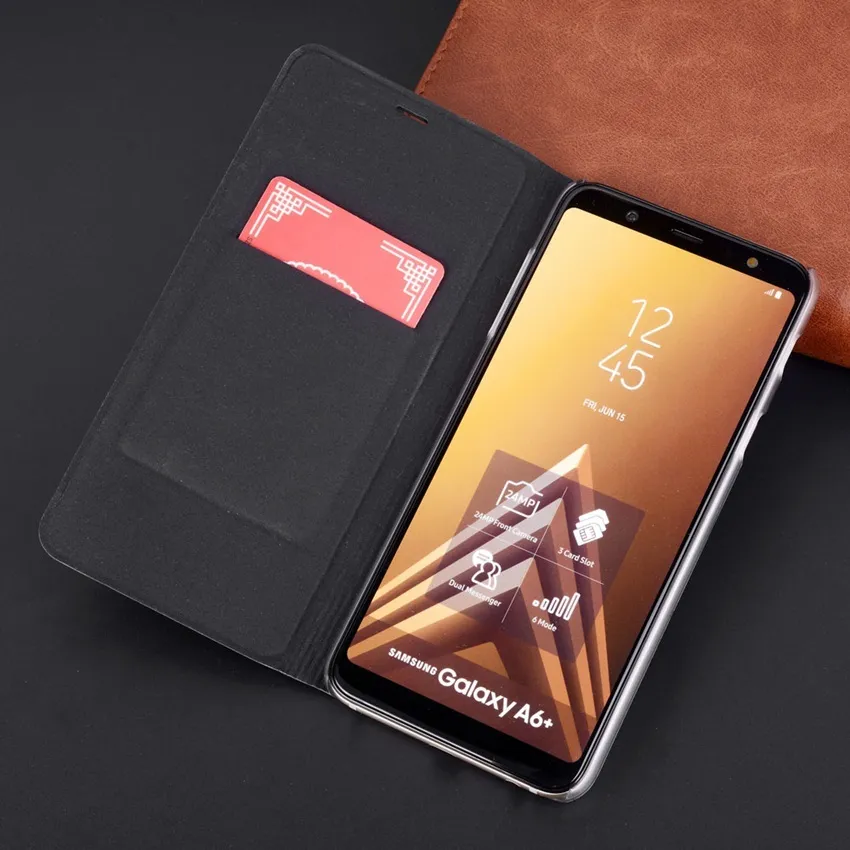 Flip Cover Plånbokskinnfodral med korthållare Telefonhylsa Väska Skal för Samsung Galaxy A6 2018 SM-A600F A6PLUS 2018 SM-A605F