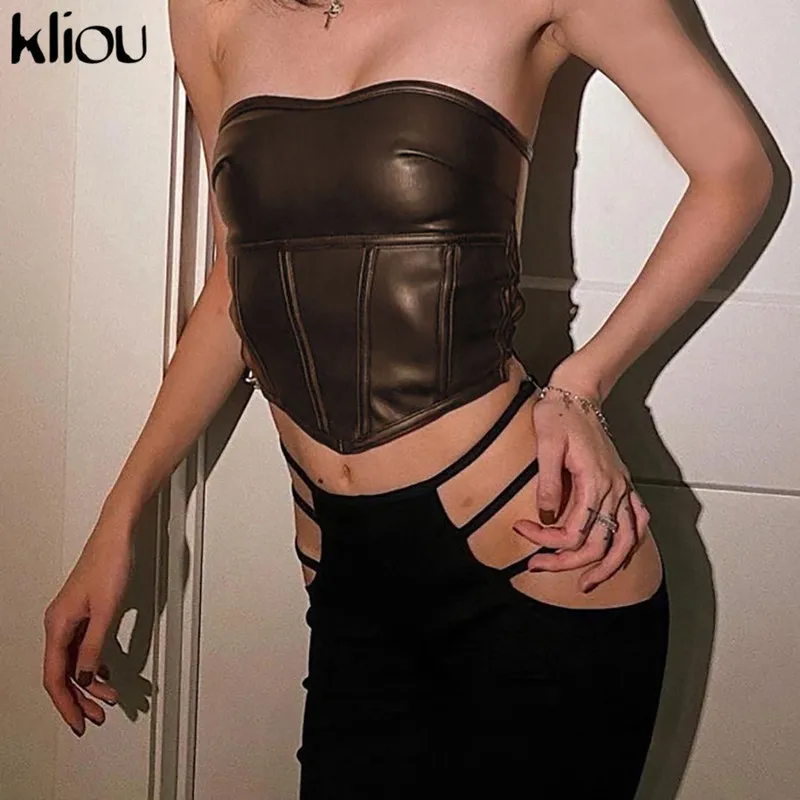 Kliou PU ecopelle scava fuori spacco laterale fasciatura con lacci corsetto donna cubo top skinny slash neck sexy club party street outfit 220325