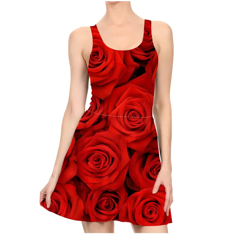 EST Red Rose Flower Fashion 3D -платье для печати, дамы летние вечеринки для девочек платье, сексуальные сексуальные пляжные платья 220617