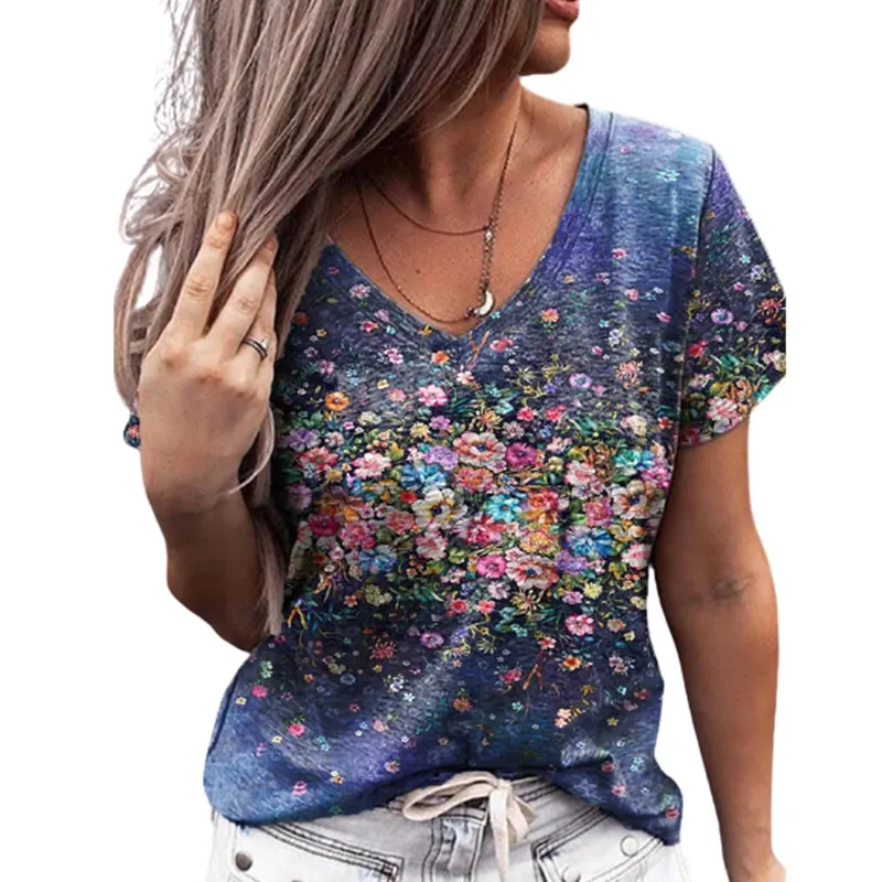 Zomer tops vrouwen vintage 3D bloemenprint t shirt los plus maat casual korte mouw vneck tee top oversized 4xl 5xl 220615